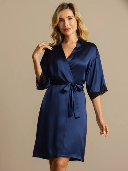 100% Mulberry Silk Basic Women's Robe with Lace Design