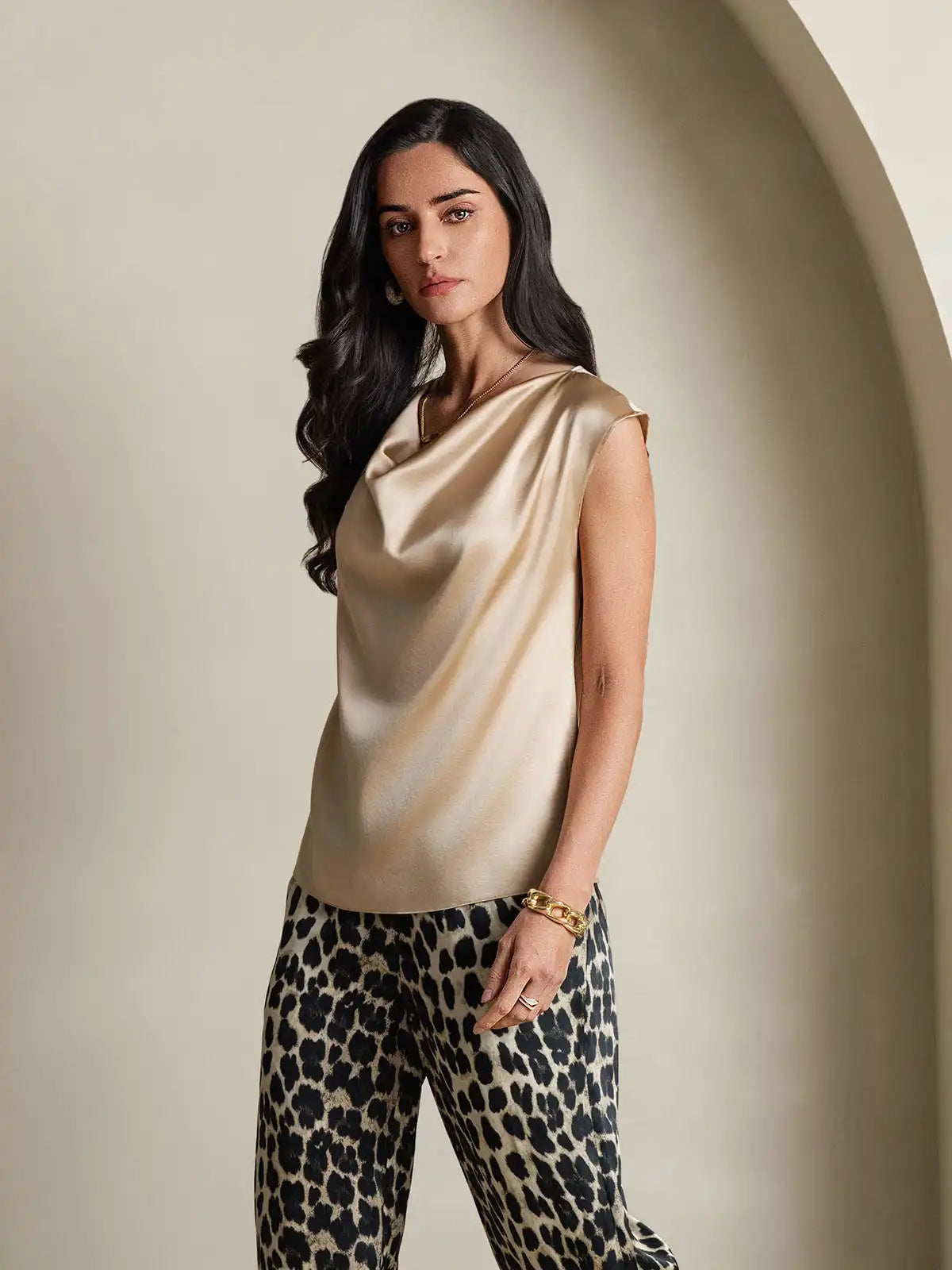 19Momme Silk Cap Sleeve Cowl Neck Women's Top