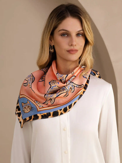 100% Mulberry Silk  Cat Pattern Scarf - Size 90x90cm