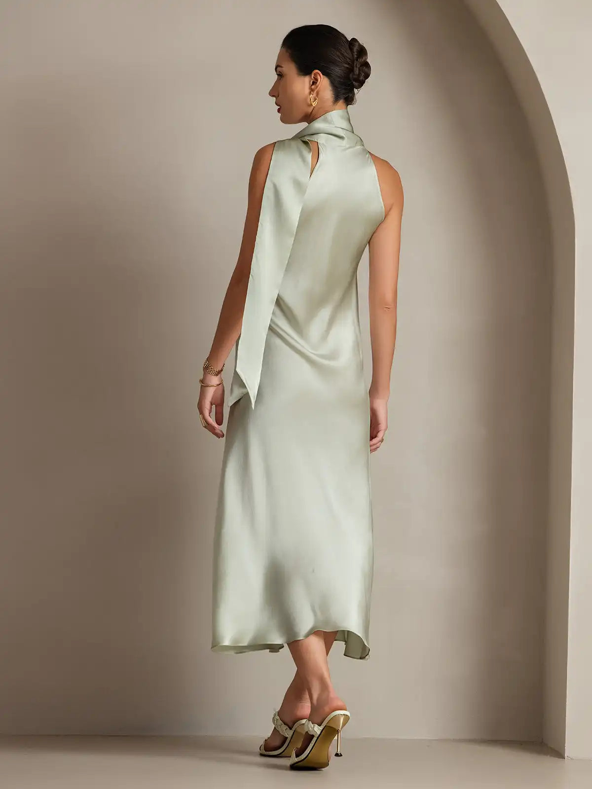 19Momme Silk Sleeveless Tie Neck Midi Dress