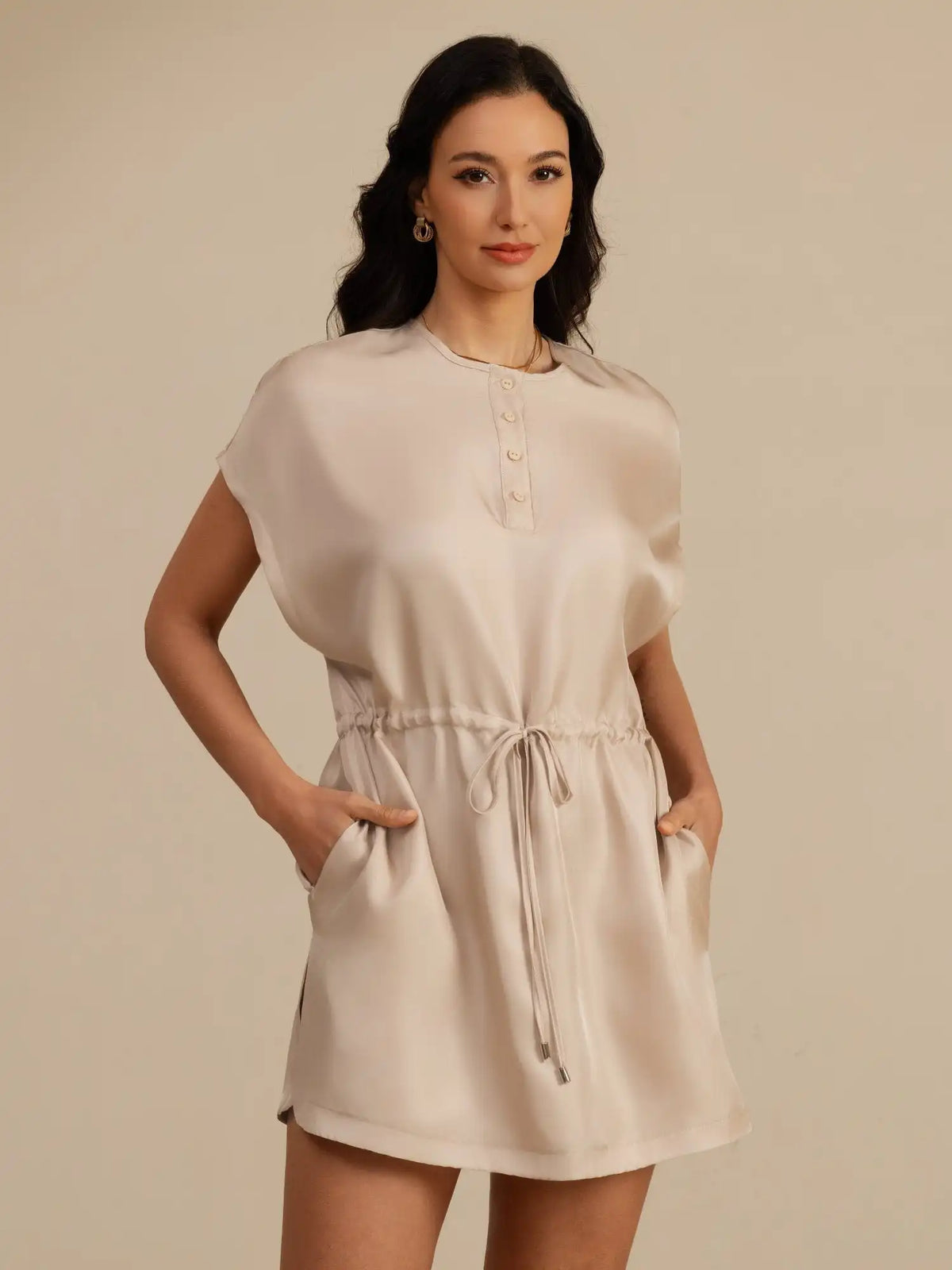 Clearance - 100% Mulberry Silk Henley Neck Cap Sleeve Short Dress With Drawstring