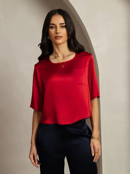 100% Mulberry Silk Women's Blouse Short Sleeve Boxy Crop Top