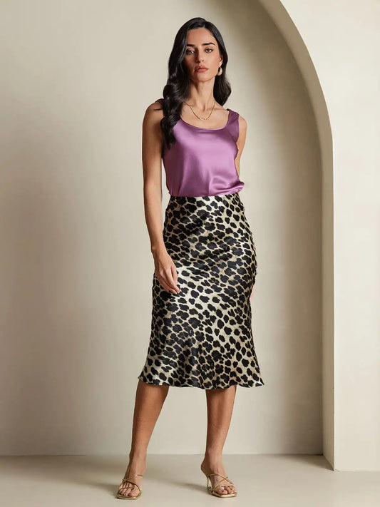 19Momme 100% Mulberry Silk Leopard Print Stretch Straight Long Skirt