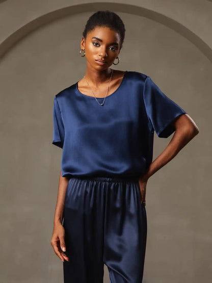 Clearance - Women's Pure Silk Short Sleeve Round Neck T-Shirt