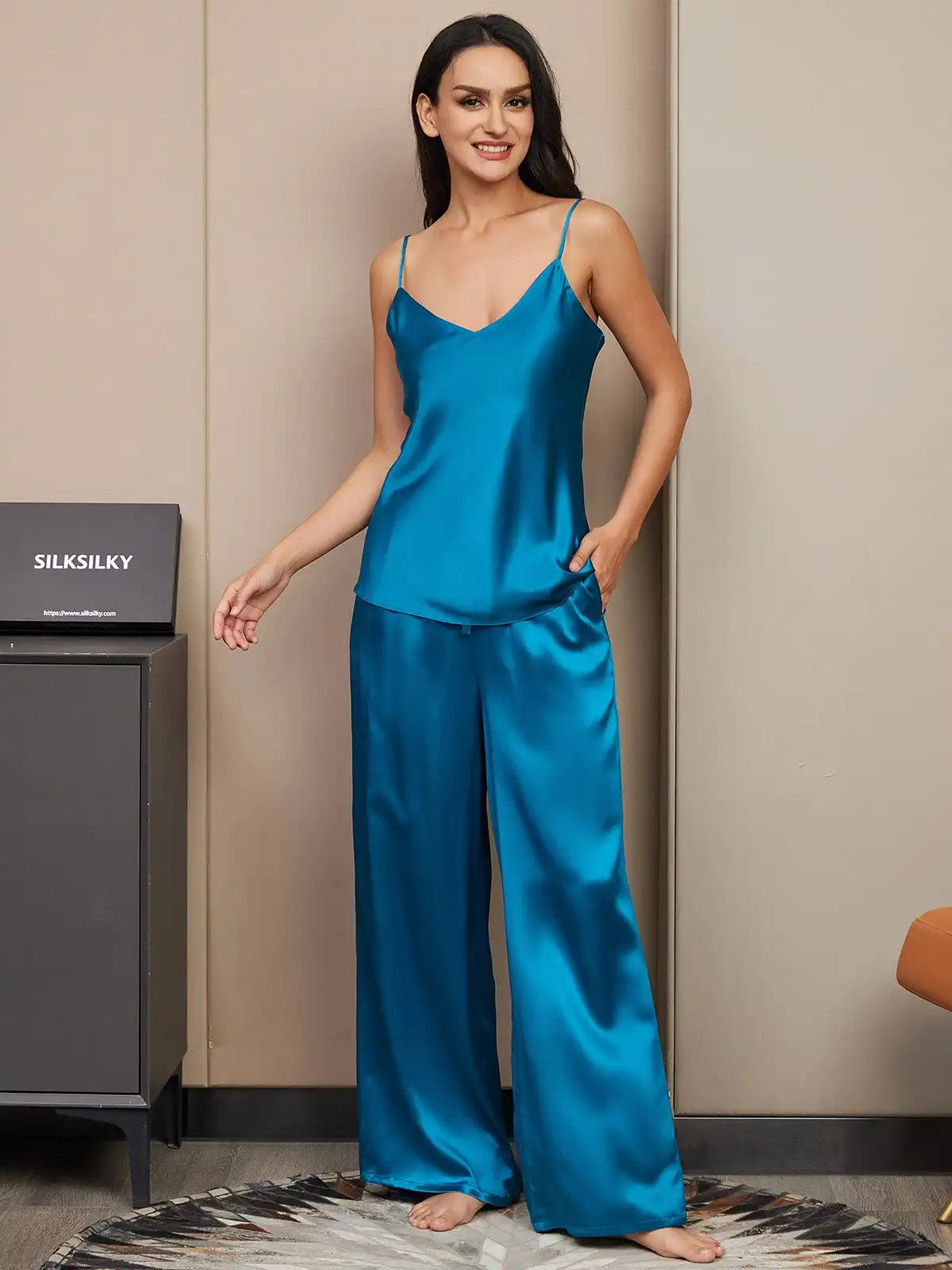 100% Mulberry Silk Spaghetti Strap V Neck Cami & Wide Leg Pants Pajama Set