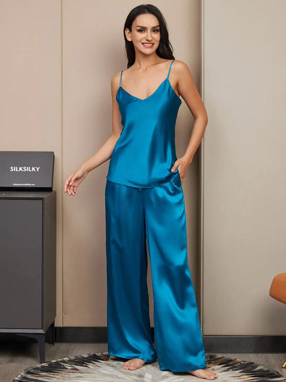 100% Mulberry Silk Spaghetti Strap V Neck Cami & Wide Leg Pants Pajama Set