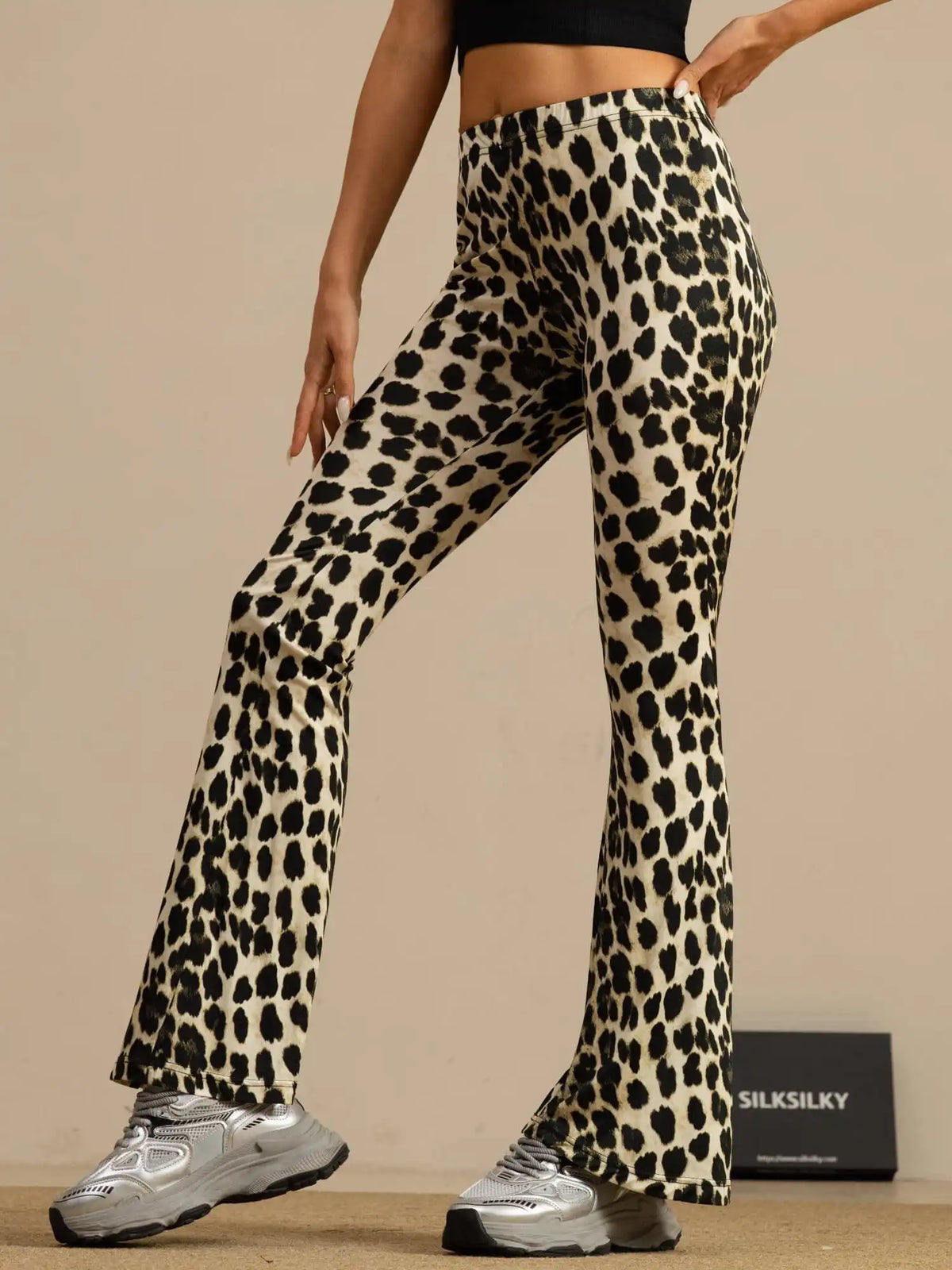 Clearance - Pure Silk Wild Animal Print Women's Flare Pants High Waisted Bell Bottom