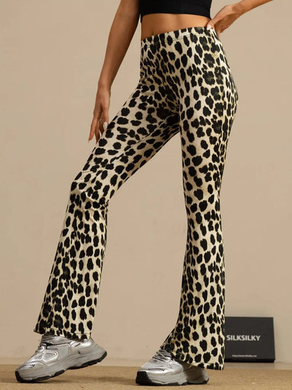 Clearance - Pure Silk Wild Animal Print Women's Flare Pants High Waisted Bell Bottom