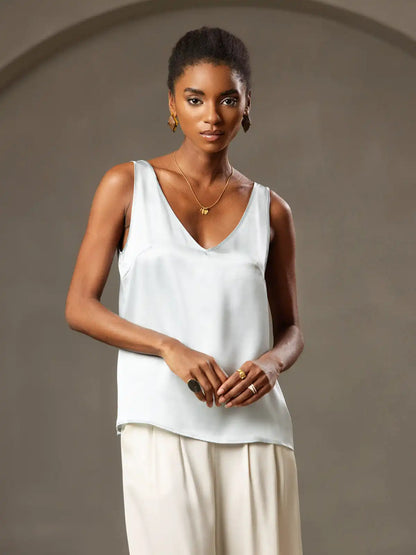 19Momme Silk Sleeveless V Neck Women's Tank Top with V Back Design