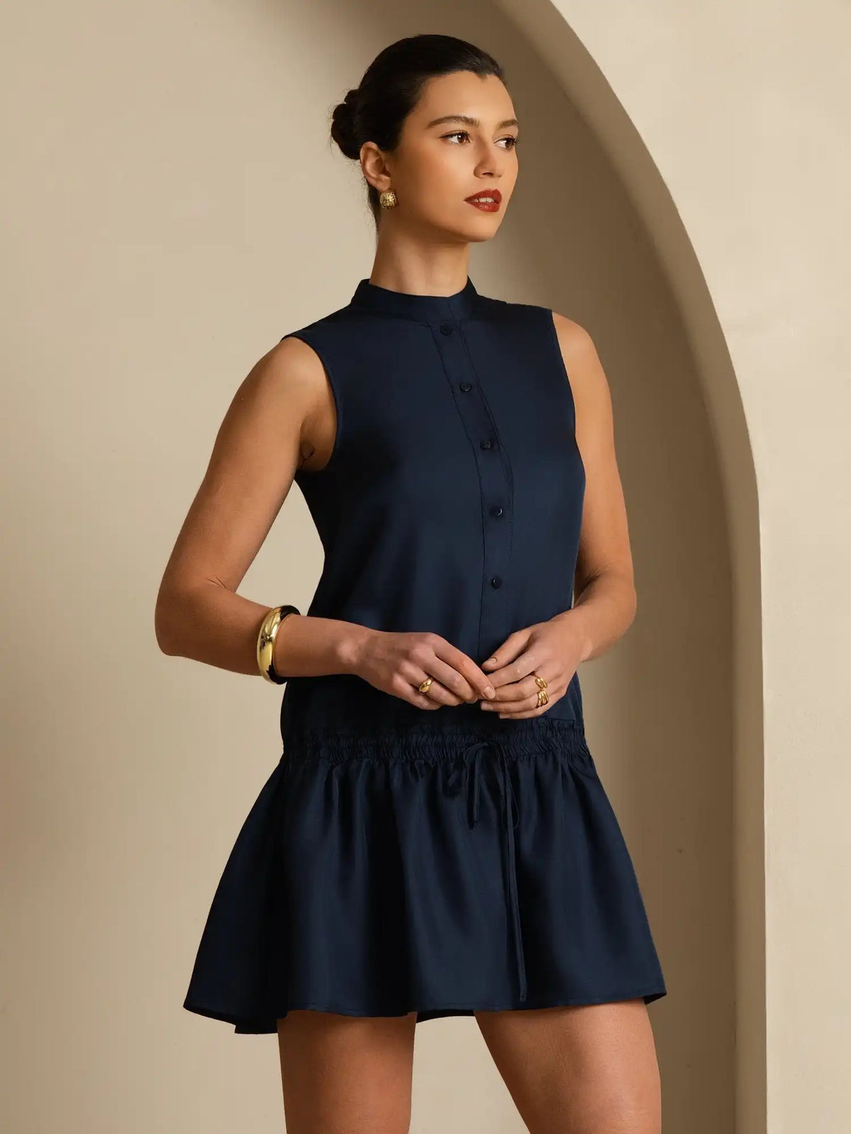 Clearance - Pure Silk Sleeveless Short Dress With Adjustable Drawstring Drop Waist