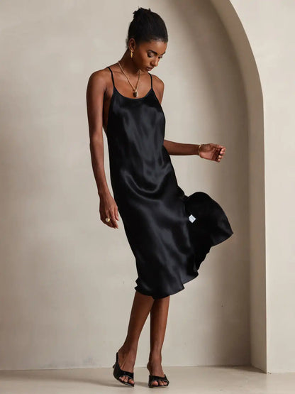 Elegant 100% Mulberry Silk Cross Backless Midi Dress with Side Slit