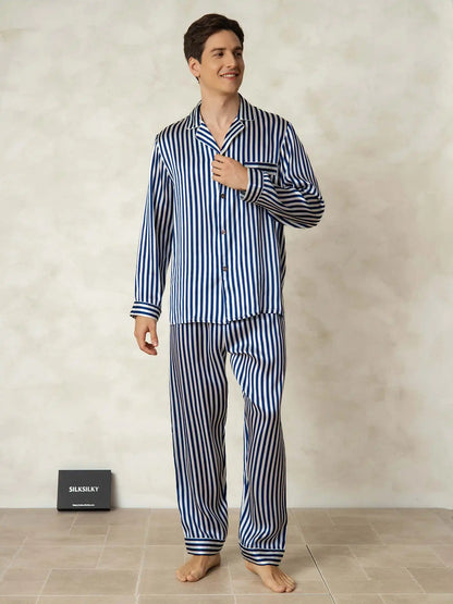 Men's 100% Mulberry Silk Stripe Print Long Sleeve Lapel Collar Pajamas Set