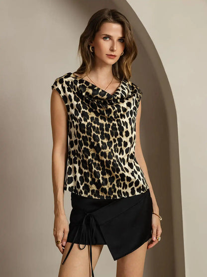 Clearance - 19Momme Silk Leopard Print Cap Sleeve Cowl Neck Women's Top