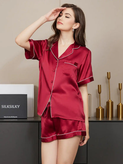 100% Mulberry Silk Short Sleeve Notch Collar Above the Knee Women's Pajamas Set