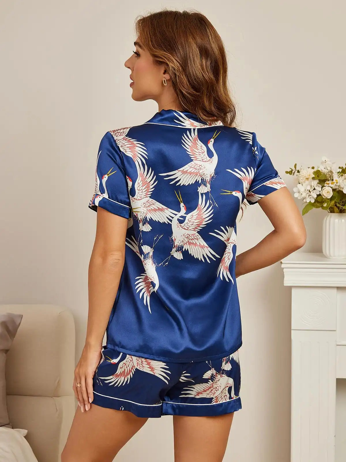 19Momme Women's 100% Mulberry Silk Crane Print Short Sleeve Notch Collar Pajamas Set