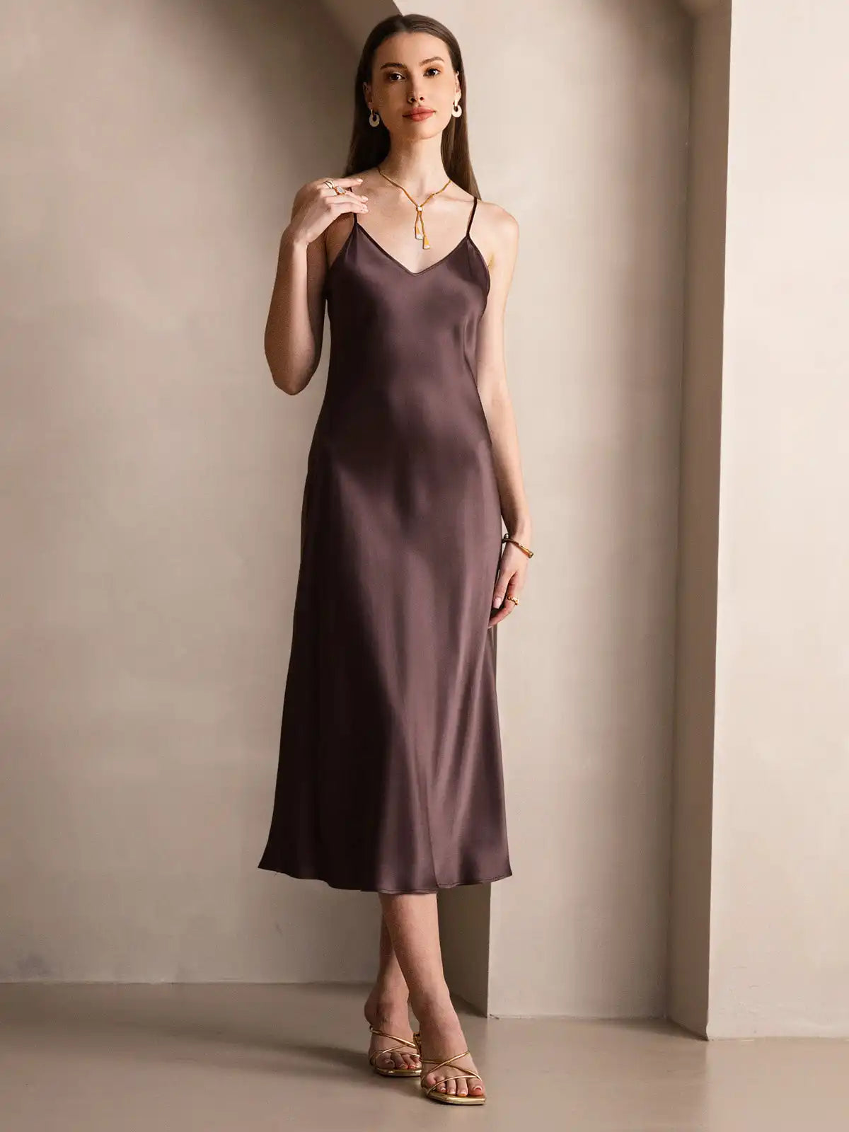 100% Mulberry Silk Spaghetti Strap Midi Long Dress