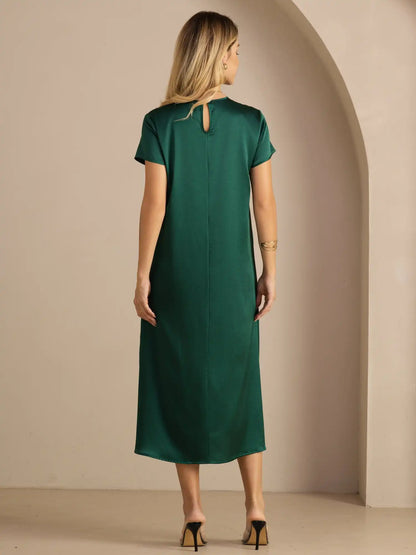 19Momme Silk Short Sleeve Crew Neck  Midi Dress With Side Pockets