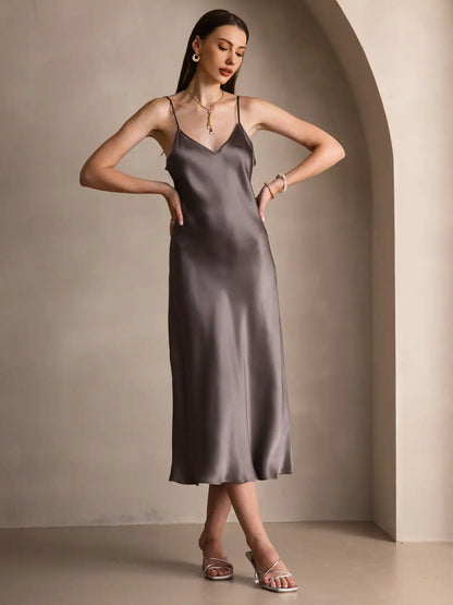 100% Mulberry Silk Spaghetti Strap Midi Long Dress