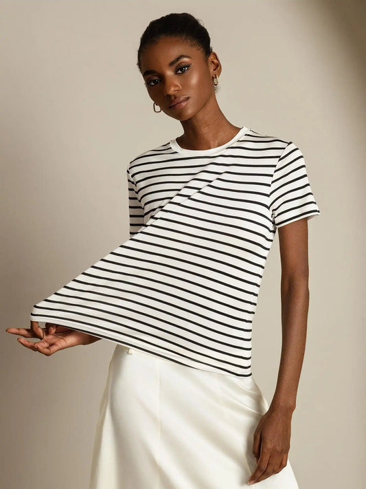 100% Mulberry Silk Crew Neck Short Sleeve Women's Sport Stripe Print T-Shirt