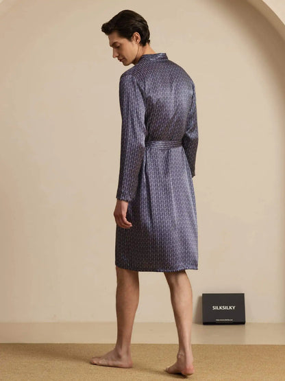 100% Mulberry Silk Men’s Knee Length Ginkgo Printed Robe With Belted Design