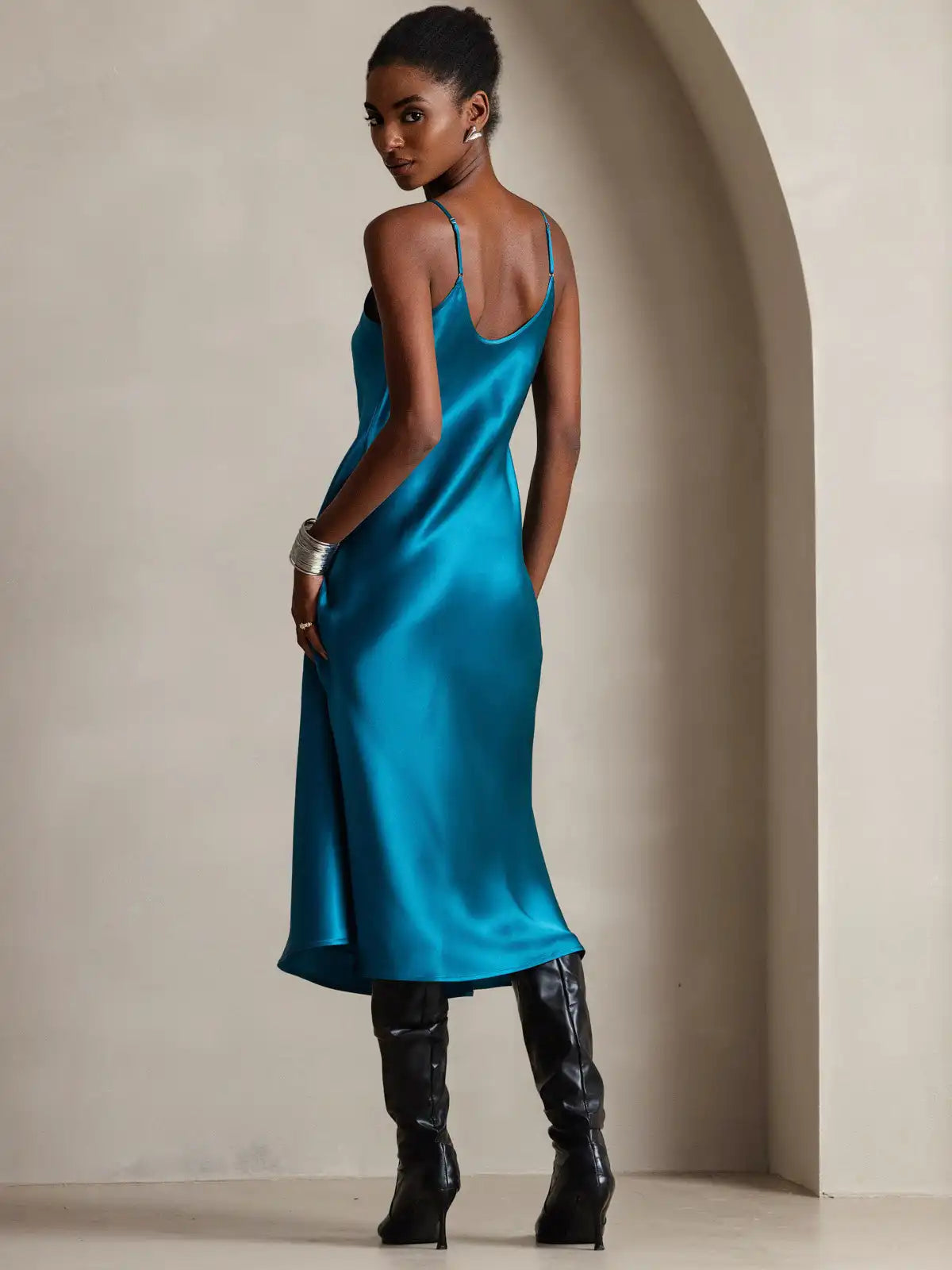 100% Mulberry Silk Spaghetti Strap Midi Long Dress