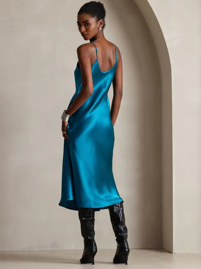 100% Mulberry Silk Spaghetti Strap Midi Long Dress