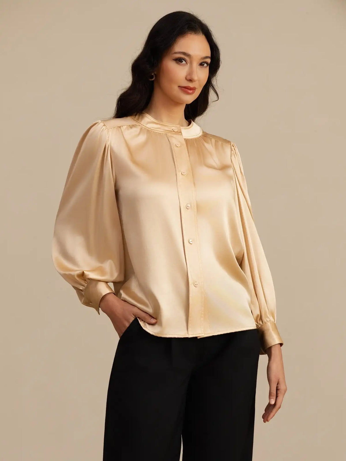 Clearance - 19Momme Silk Women's Round Neck Lantern Sleeve Blouse With Button Closure