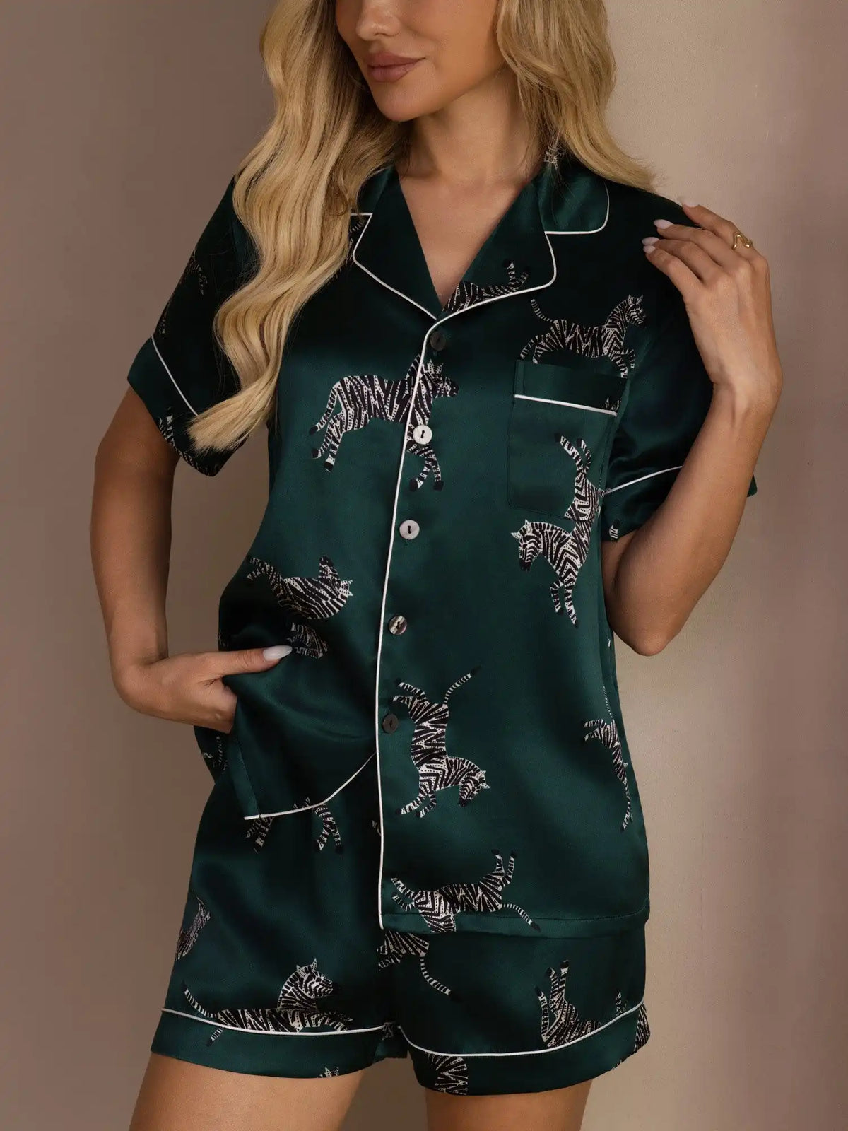 100% Mulberry Silk Women's Zebra Print Short Sleeve Button Up Pajama Set