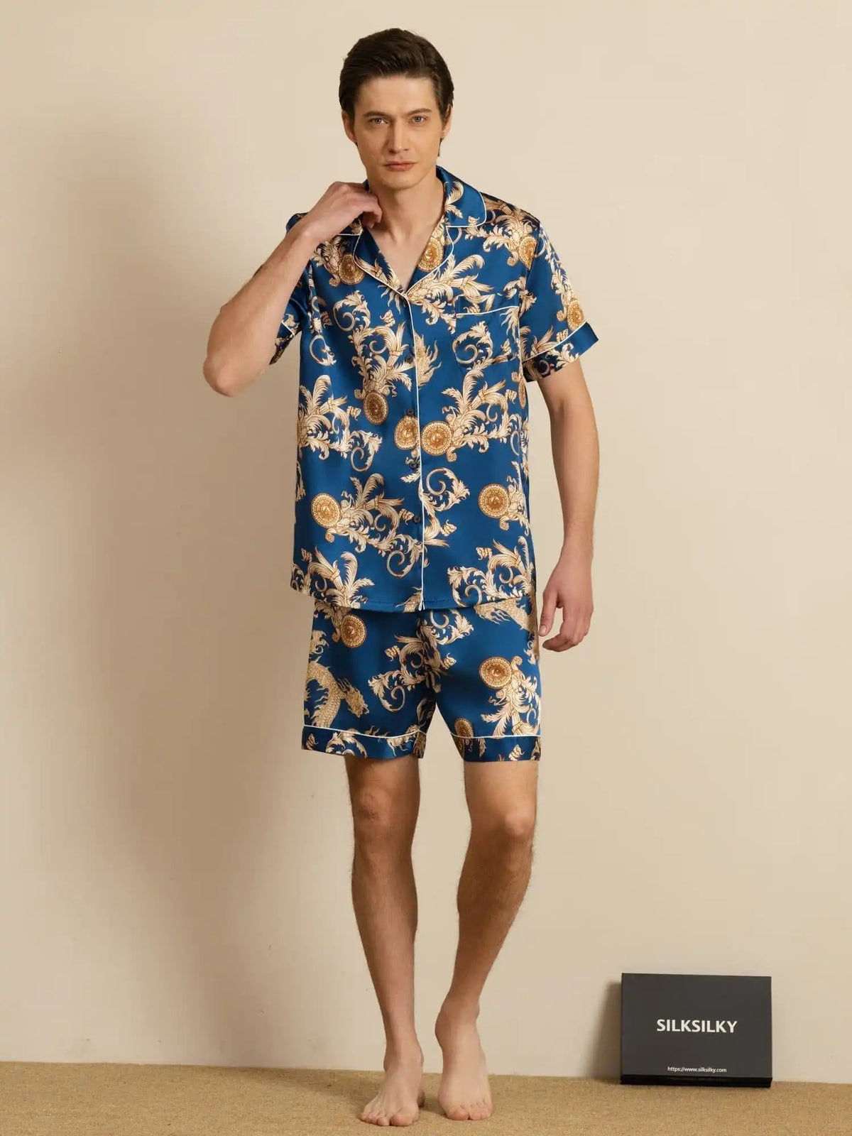 100% Mulberry Silk Men's Dragon Print  Short Sleeve Lapel Collar Pajamas Set
