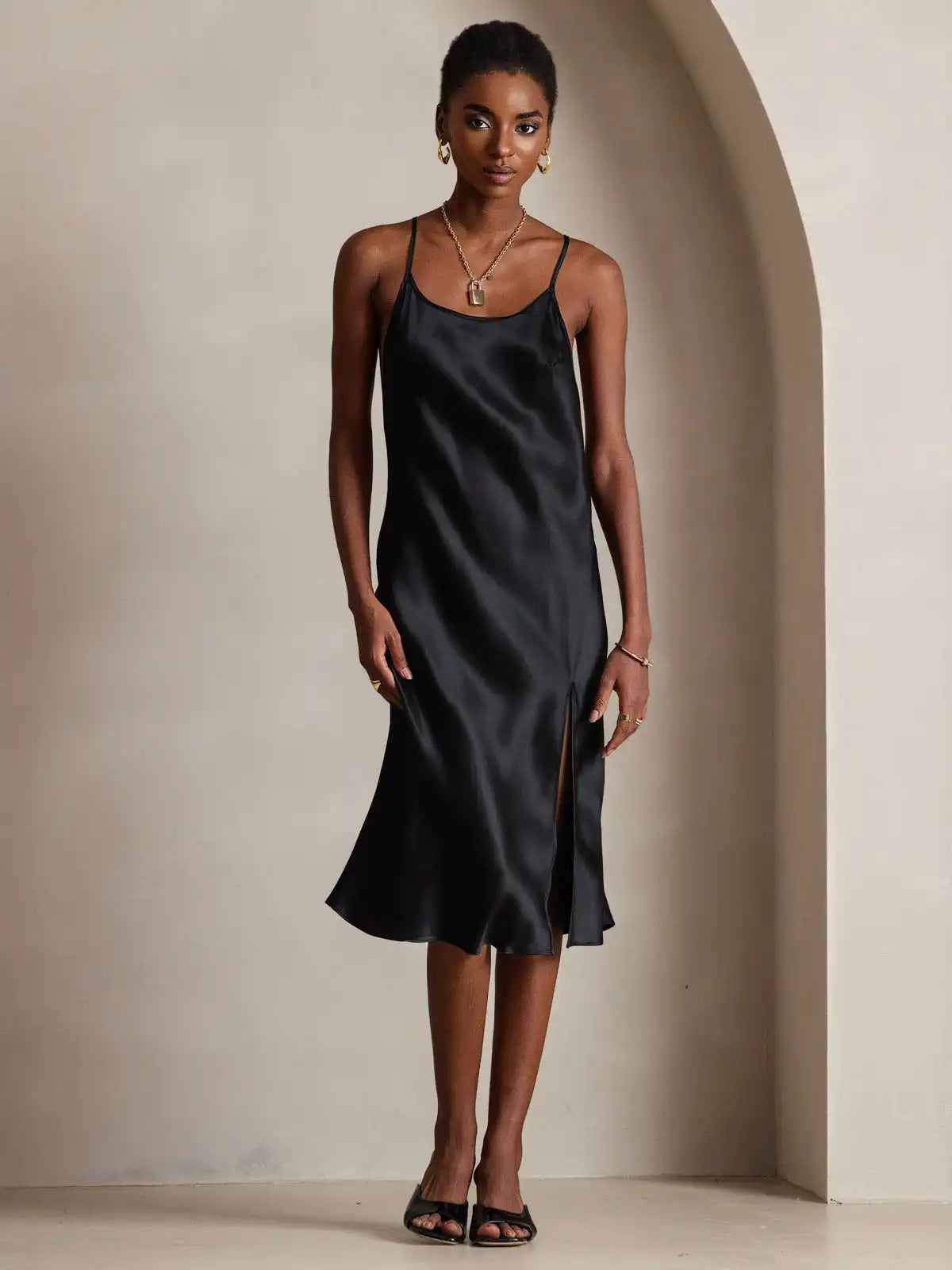 Elegant 100% Mulberry Silk Cross Backless Midi Dress with Side Slit