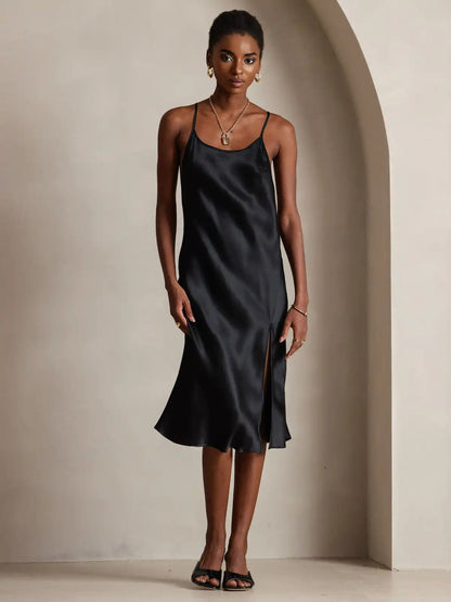 Elegant 100% Mulberry Silk Cross Backless Midi Dress with Side Slit