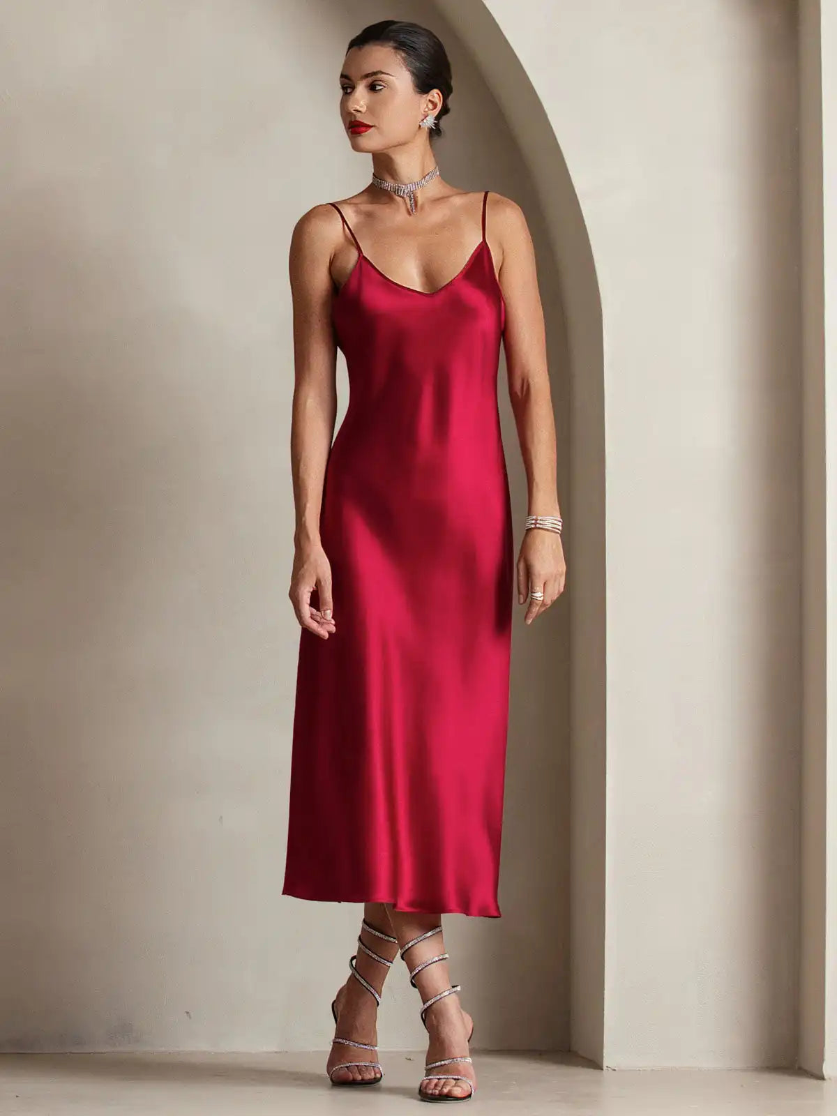 100% Mulberry Silk Spaghetti Strap V Neck Midi Dress