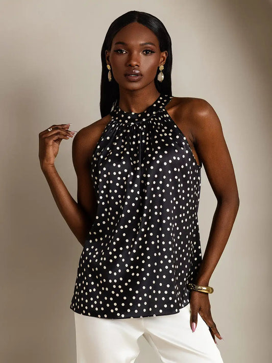19Momme Women's Silk Polka Dot Print Sleeveless Halter Neck Top