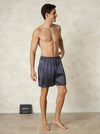 100% Mulberry Silk Ginkgo Print Elastic Waist Men's Sleep Shorts
