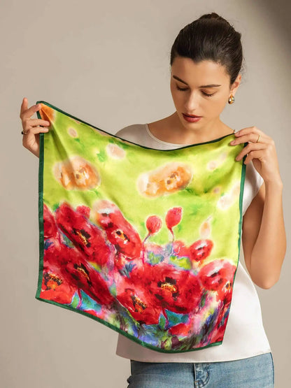 100% Mulberry Silk Flower Impression Square Scarf - Size 53x53cm