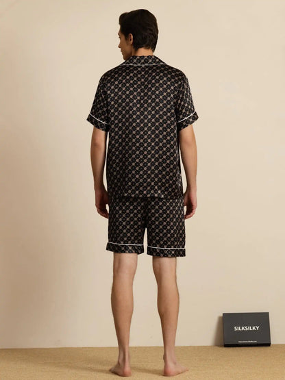 Clearance - 100% Mulberry Silk Short Sleeve Notch Collar Men's Chain Print Pajamas Set with Shorts
