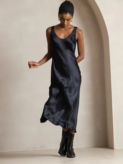 100% Mulberry Silk Sleeveless U Neck Midi Long Dress