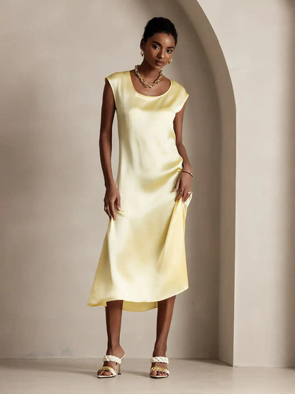 Clearance - 19Momme Silk Round Neck Cap Sleeve Midi Dress