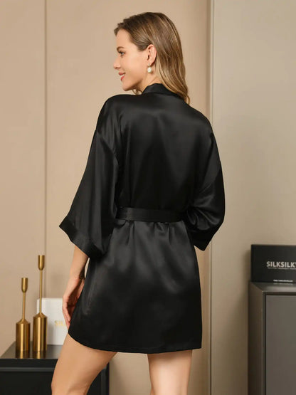 100% Mulberry Silk Short Women's Kimono Robe with Wrap Design