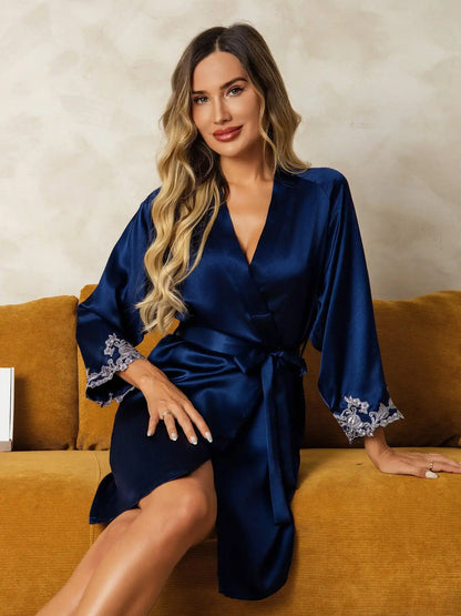100% Mulberry Silk Lace Cuffs Robe Wrap Kimono Belted with 3/4 Sleeves