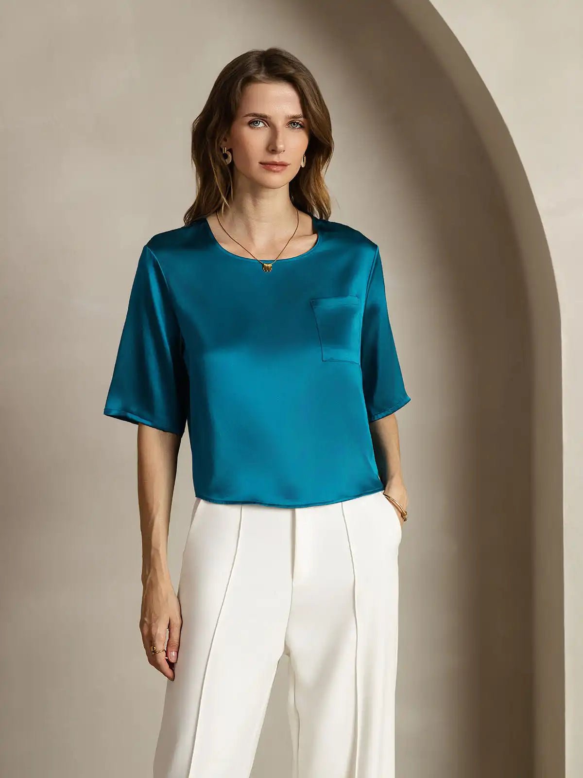 100% Mulberry Silk Women's Blouse Short Sleeve Boxy Crop Top