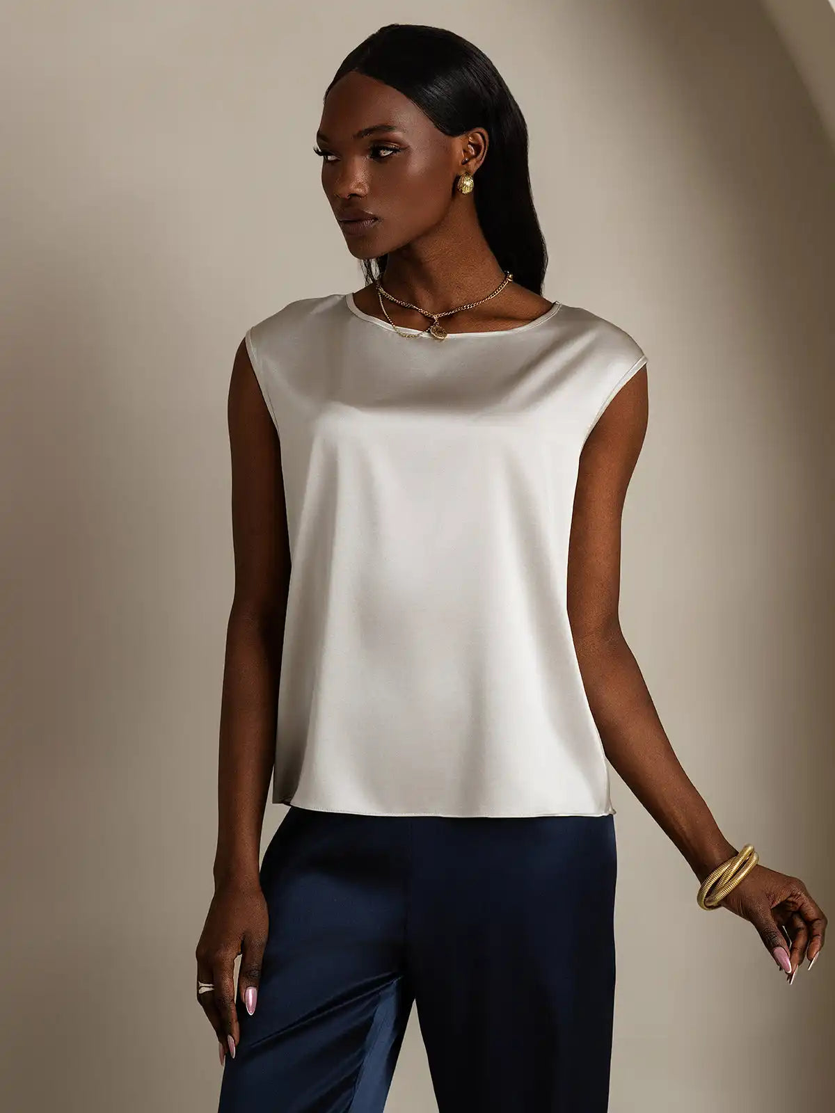 19Momme Women's Silk Cap Sleeve Round Neck Top
