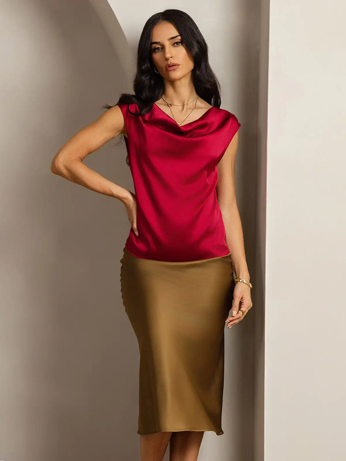 19Momme Women's Silk Cap Sleeve Cowl Neck Top