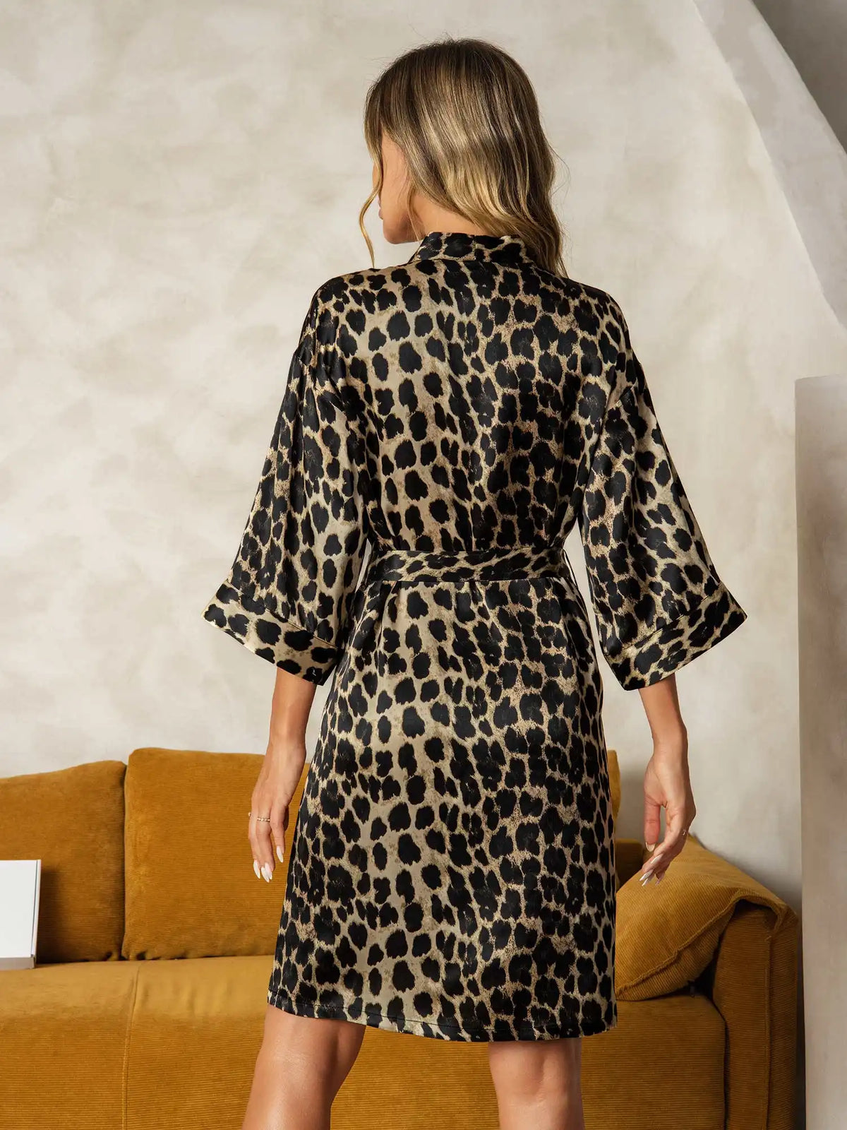 100% Mulberry Silk Leopard Print 3/4 Sleeve Women's Kimono Robe with Wrap Design
