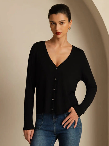 100% Mulberry Silk Women's V-Neck Long Sleeve Basic Cardigan