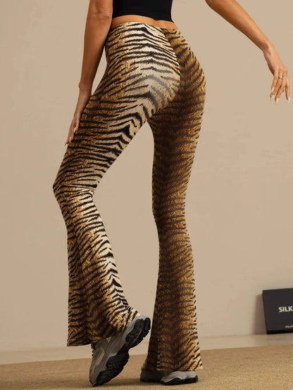 Clearance - Pure Silk Wild Animal Print Women's Flare Pants High Waisted Bell Bottom