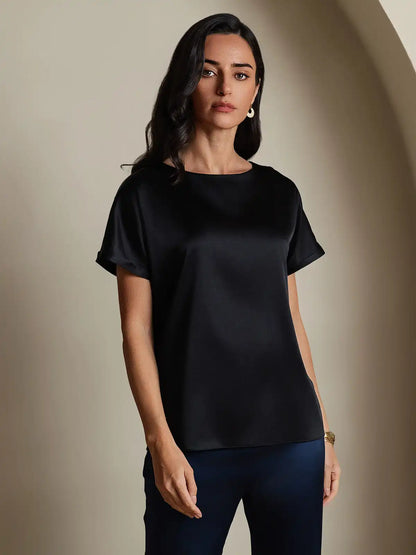19Momme Silk Short Sleeve Boat Neck Cuffed Sleeve Women's T-Shirt