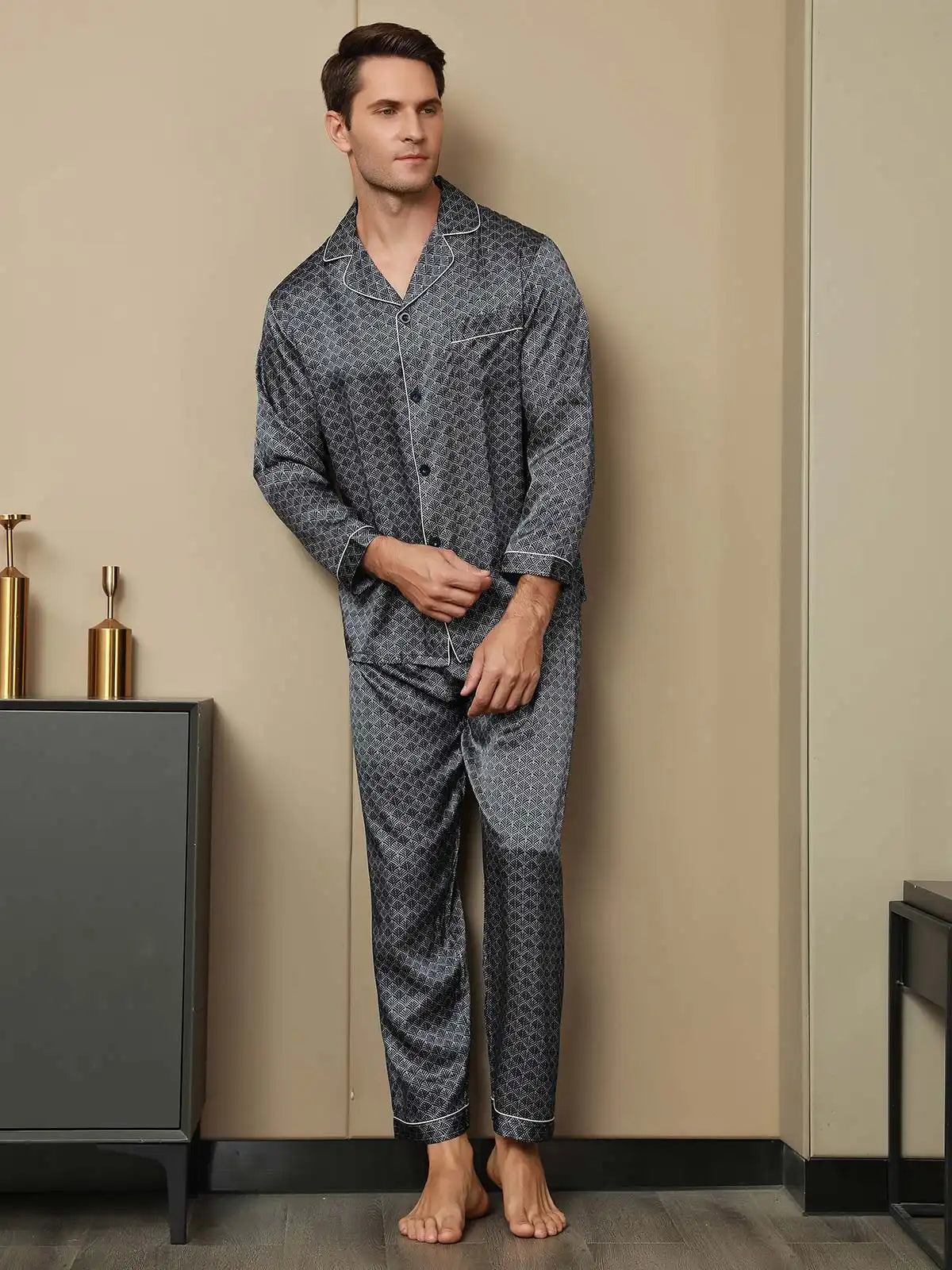 100% Mulberry Silk Ginkgo Print Long Sleeve Men's Pajamas Set With Pants