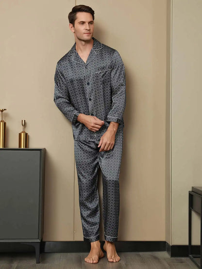 100% Mulberry Silk Ginkgo Print Long Sleeve Men's Pajamas Set With Pants