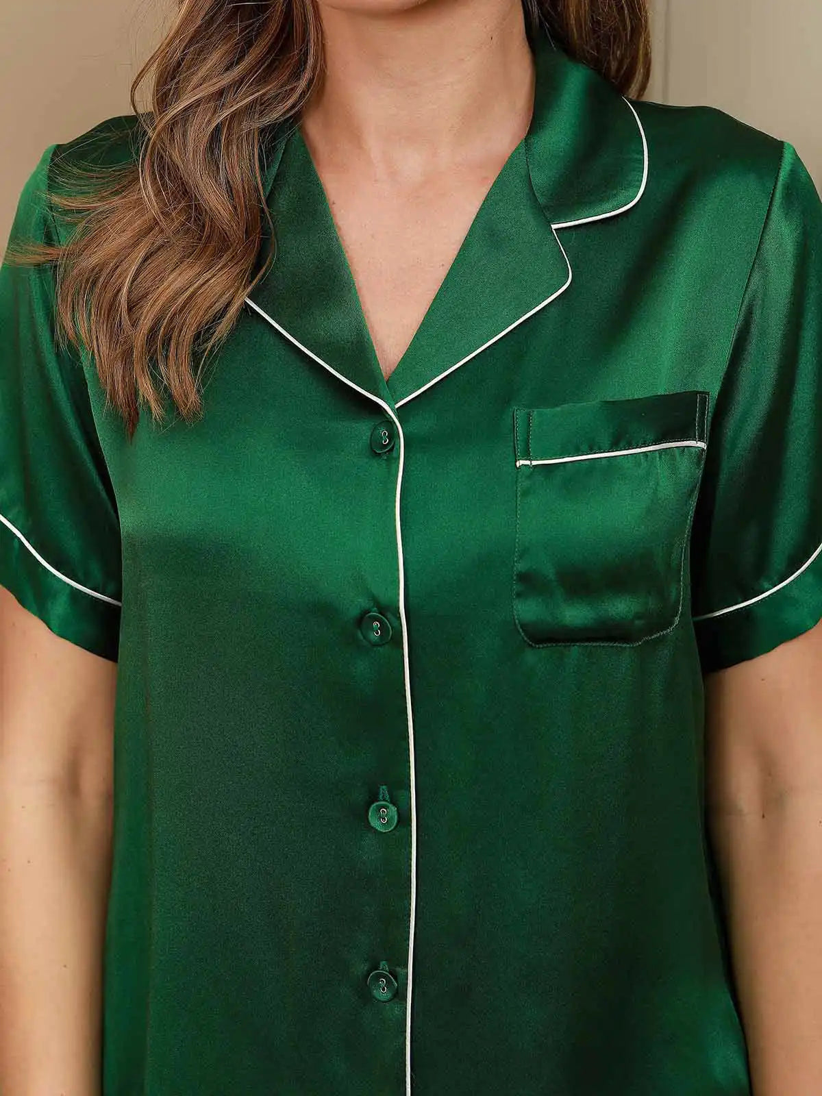 100% Mulberry Silk Short Sleeve Notch Collar Above the Knee Women's Pajamas Set